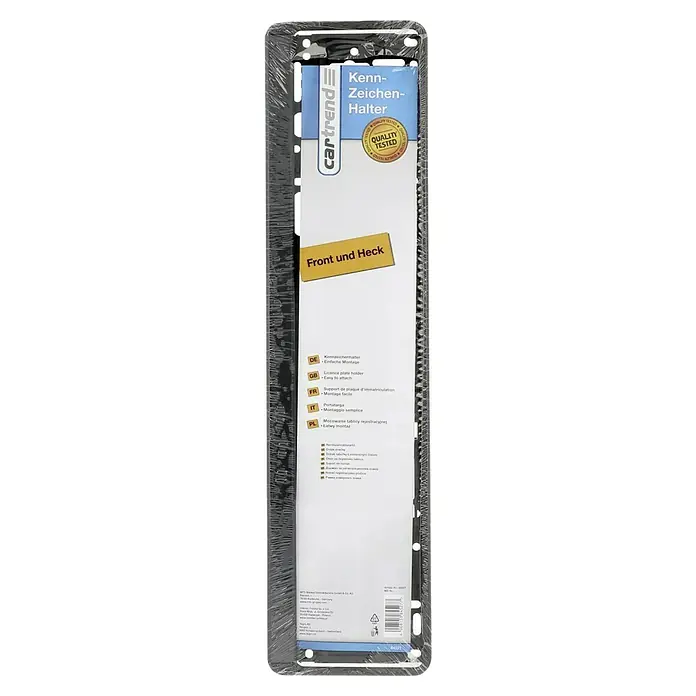 Cartrend Kennzeichenhalter - 1 Stk., Schwarz - Das Bild zeigt eine Kennzeichenhalterung von Cartrend, verpackt in Plastikfolie. Die Halterung ist schwarz und für Front und Heck geeignet.