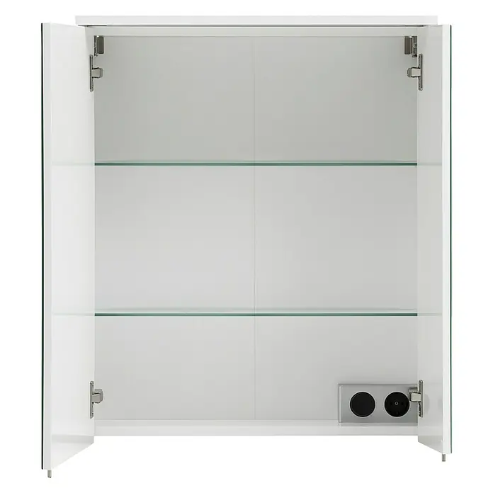 Schildmeyer LED-Spiegelschrank View/Profil/Niko - B x H: 60 x 75 cm, Holz, Weiß - Abbildung eines offenen, weißen Spiegelschrank mit zwei Glaseinlegeböden und zwei Steckdosen.
