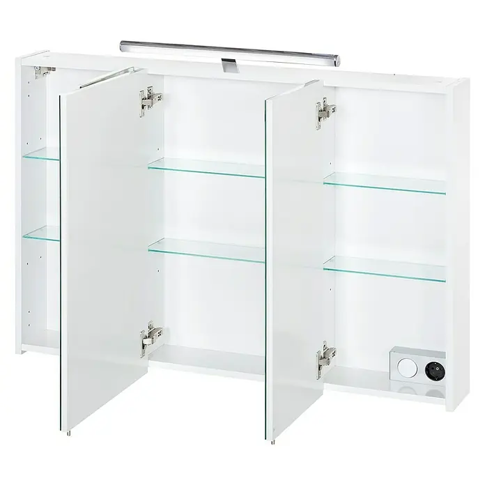 Schildmeyer LED-Spiegelschrank Grace - B x H: 90 x 75 cm, Holz, Weiß - Ein offener weißer Spiegelschrank mit Beleuchtung und Glasablagen bietet viel Stauraum im Bad.