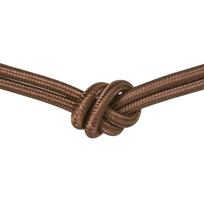 Home Sweet Home Textilkabel Meterware Online - Braun, 3, 0,75 mm² - Nahaufnahme eines braunen, geflochtenen Textilkabels mit Knoten, das dekorativ und funktional ist.