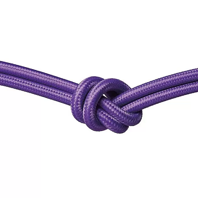 Home Sweet Home Textilkabel Meterware Online - Purpur, 3, 0,75 mm² - Lila geflochtenes Kabel zu einem Knoten gebunden.
