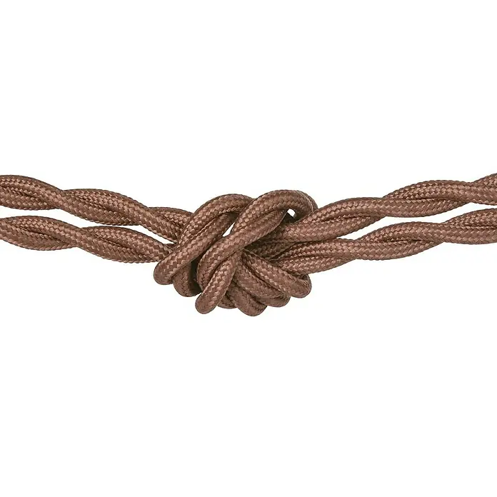 Home Sweet Home Textilkabel Meterware Online - Braun, 3, 0,75 mm², Gedreht - Detailaufnahme eines dekorativen, braunen Textilkabels mit einem kunstvollen Knoten in der Mitte. Ideal für DIY-Beleuchtungsprojekte.