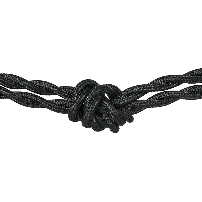 Home Sweet Home Textilkabel Meterware Online - Schwarz, 3, 0,75 mm², Gedreht - Nahaufnahme eines schwarzen, geknoteten Textilkabels, das eine interessante Textur und ein komplexes Muster aufweist.