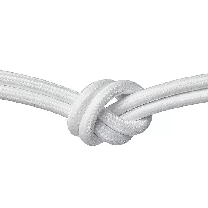 Home Sweet Home Textilkabel Meterware Online - Weiß, 3, 0,75 mm² - Weißes geflochtenes Kabel zu einem Knoten gebunden.