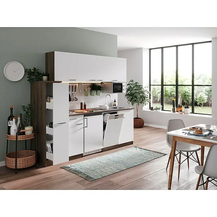 Respekta Küchenzeile Oliver - Breite: 225 cm, Weiß, Mit Elektrogeräten, Mit Duo-Kochmulde, Mit Mikrowelle - Kompakte Küche mit weißen Schränken, dunklen Akzenten und modernen Geräten. Ideal für kleine Räume.