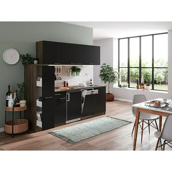Respekta Küchenzeile Oliver - Breite: 225 cm, Schwarz, Mit Elektrogeräten, Mit Glaskeramikkochfeld - Elegante Küche mit schwarzen Schränken, ergänzt durch eine moderne Inneneinrichtung, die Funktionalität und Stil vereint.