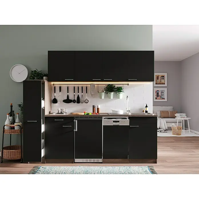 Respekta Küchenzeile Oliver - Breite: 225 cm, Schwarz, Mit Elektrogeräten, Mit Duo Kochmulde - Elegante schwarze Küchenzeile mit Oberschränken, Spüle, Geschirrspüler und praktischen Küchenutensilien für eine moderne Einrichtung.