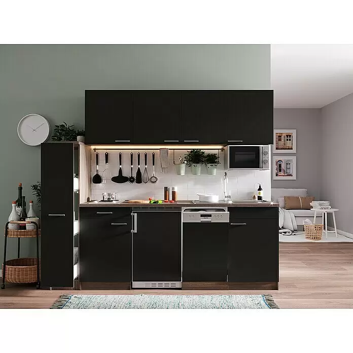 Respekta Küchenzeile Oliver - Breite: 225 cm, Schwarz, Mit Elektrogeräten, Mit Duo-Kochmulde, Mit Mikrowelle - Stimmungsaufnahme