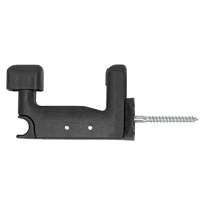 Retenedor para puerta y ventana - Largo: 220 mm, Negro - Un soporte de montaje de plástico negro con un tornillo plateado para una fijación segura, ideal para diversas aplicaciones de montaje.