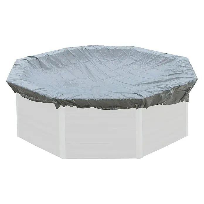 Gre Pool-Abdeckplane Winter - 580 g/m², Durchmesser: 440 cm, Kunststoff - Bild einer grauen Poolabdeckung über einem weißen, achteckigen Pool. Schützt das Wasser vor Schmutz und spart Heizkosten.