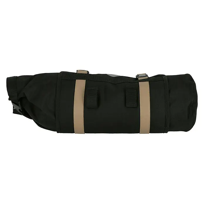 Lenkertasche - Volumen: 10 l, Schwarz - Abgebildete schwarze Bikepacking-Tasche mit beigefarbenen Gurten. Ideal für Radtouren und Abenteuer in der Natur.
