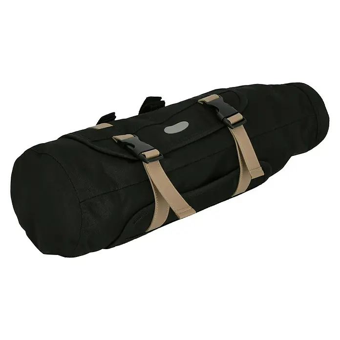 Lenkertasche - Volumen: 10 l, Schwarz - Schwarze, zylindrische Tragetasche mit beigen Riemen und Schnallen, ideal für den Transport von Ausrüstung und Zubehör.