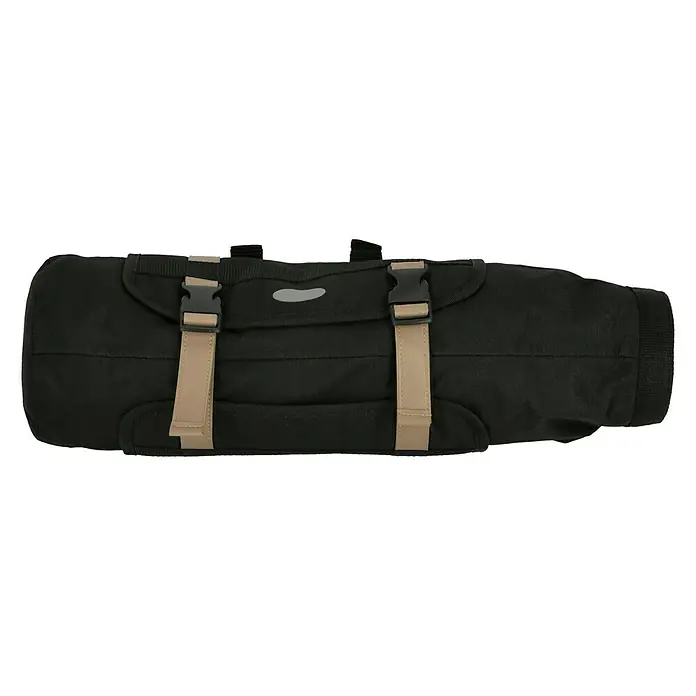 Lenkertasche - Volumen: 10 l, Schwarz - Nahaufnahme einer schwarzen Satteltasche mit beigen Riemen, die ein praktisches Design für Fahrradausrüstung zeigt.