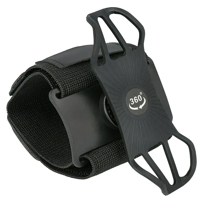 Smartphone-Fahrradhalterung mit Sportarmband - Schwarz - Nahaufnahme einer schwarzen 360°-Handyhalterung mit Armband. Ideal zum Laufen oder Radfahren, um das Handy immer griffbereit zu haben.