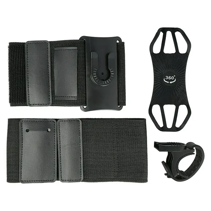 Smartphone-Fahrradhalterung mit Sportarmband - Schwarz - Das Bild zeigt eine schwarze Handyhalterung mit Armband und verschiedenen Befestigungsmöglichkeiten. Praktisches Zubehör für Sport und Alltag.