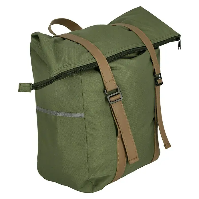Gepäckträgertasche Retro - Volumen: 25 l, Grün, Tragegriff - Ein olivgrüner Roll-Top-Rucksack mit hellbraunen Riemen und reflektierenden Details. Ideal für den täglichen Gebrauch und Abenteuer.