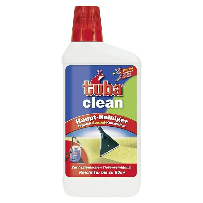 Tuba Clean Hauptreiniger - 500 ml, Flasche - Abbildung einer Flasche Tuba Clean Teppich-Spezial-Konzentrat, einem Hauptreiniger für Teppiche, der für hygienische Tiefenreinigung sorgt.