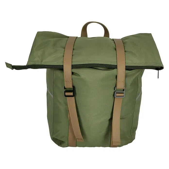 Gepäckträgertasche Retro - Volumen: 25 l, Grün, Tragegriff - Grüner Roll-Top-Rucksack mit braunen Riemen, ideal für den täglichen Gebrauch. Praktisch, robust und stilvoll.