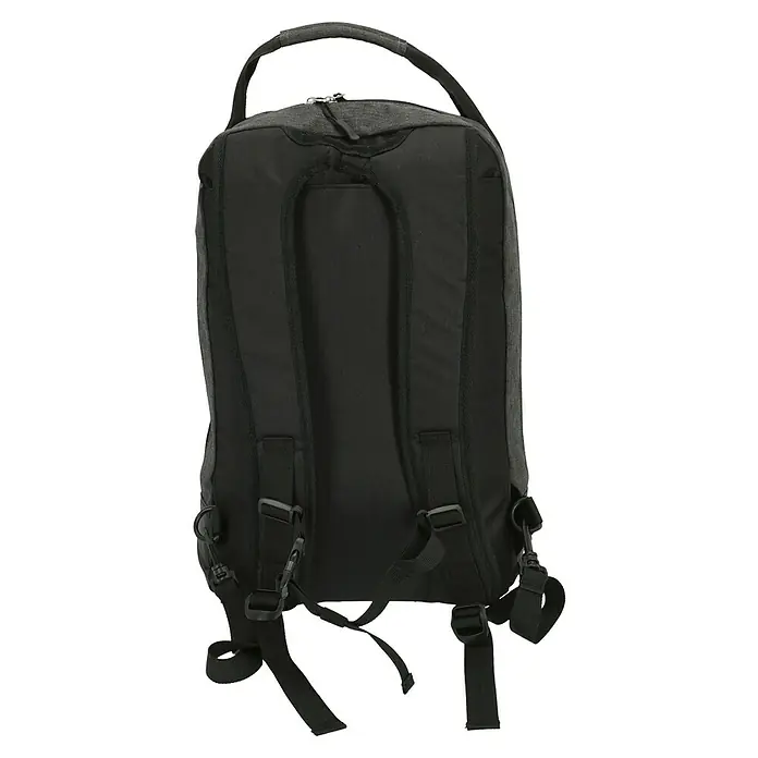 Gepäckträgertasche 2in1 - Volumen: 25 l, Schwarz - Rückansicht eines grauen Rucksacks mit schwarzen Trägern und Griff. Der Rucksack hat verstellbare Gurte und ein schlichtes Design.