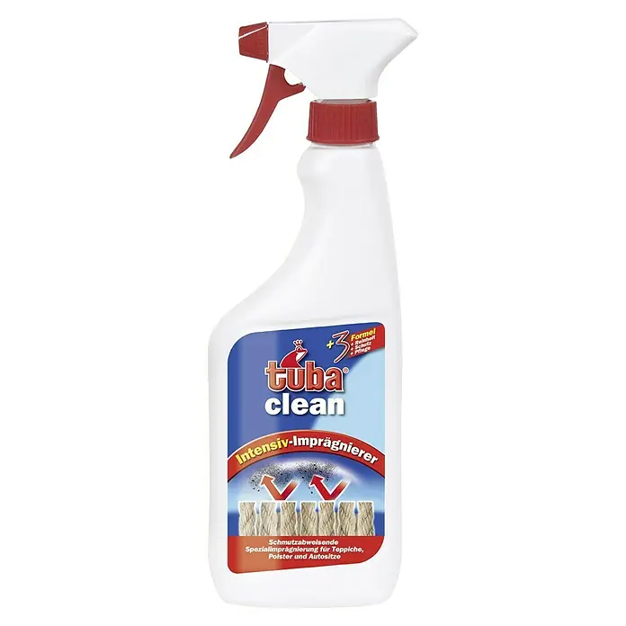Tuba Clean Intensiv-Imprägnierer - 500 ml, Sprühflasche - Abbildung einer Sprühflasche Tuba Clean Intensiv-Imprägnierer für Teppiche, Polster und Autositze. Die Formel sorgt für Reinheit, Schutz und Pflege.