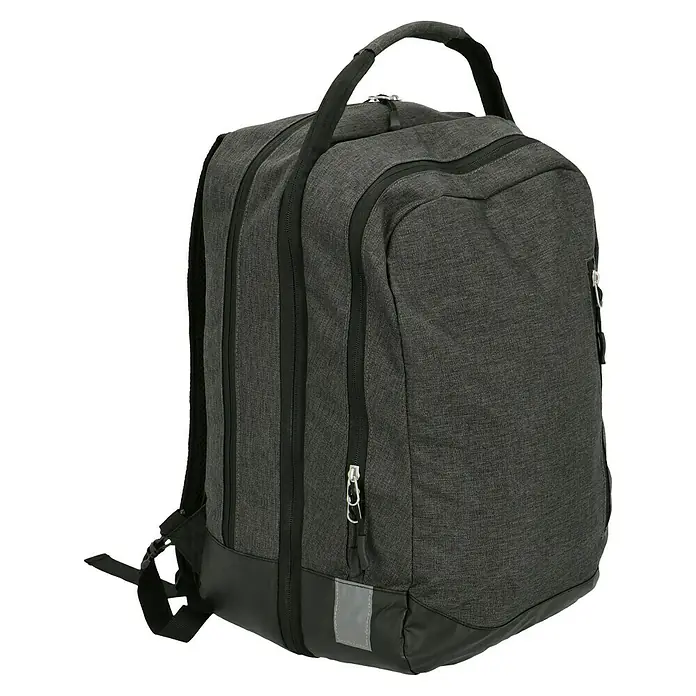 Gepäckträgertasche 2in1 - Volumen: 25 l, Schwarz - Ein grauer Rucksack mit mehreren Fächern und einem Tragegriff oben. Ideal für Reisen und den täglichen Gebrauch.