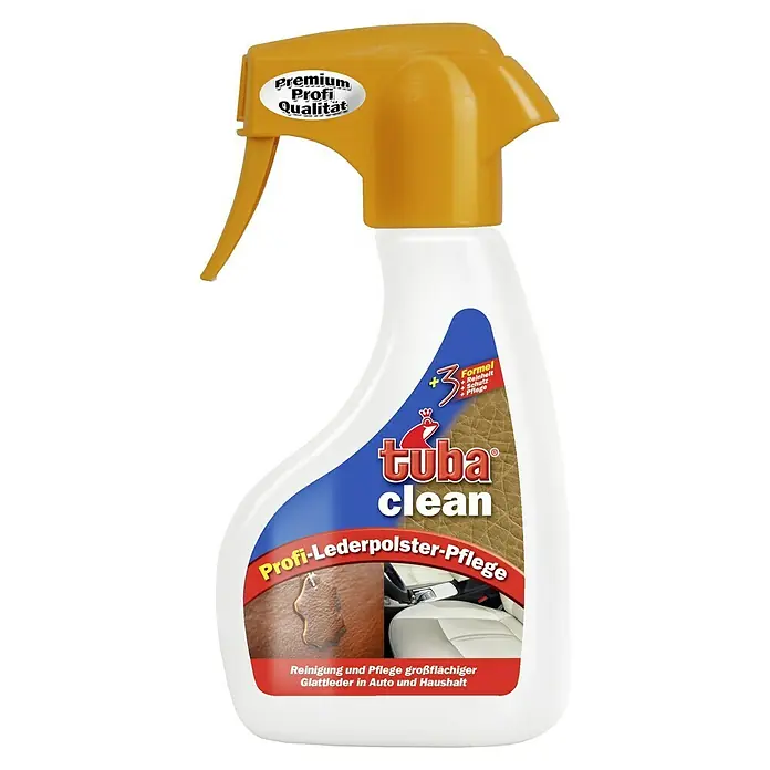 Tuba Clean Profi-Lederpolster-Pflege - 250 ml, Sprühflasche - Bild einer Tuba Clean Profi-Lederpolster-Pflege Sprühflasche, die für die Reinigung und Pflege von Glattleder in Auto und Haushalt verwendet wird.