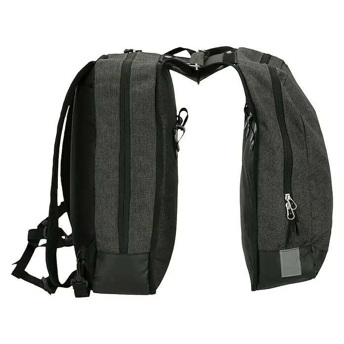 Gepäckträgertasche 2in1 - Volumen: 25 l, Schwarz - Abgebildet ist ein grauer Rucksack mit zwei Fächern, der sich ideal für Reisen oder den täglichen Gebrauch eignet. Er bietet viel Stauraum und Komfort.