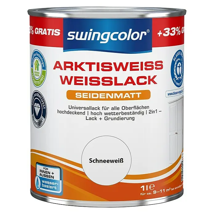 swingcolor Weißlack Arktisweiß - Schneeweiß, Seidenmatt, 1 l, Wasserbasiert - Farbdose Swingcolor Arktisweiß Weisslack Seidenmatt, ein Universallack für Innen- und Außenbereiche mit hoher Deckkraft und Wetterbeständigkeit.