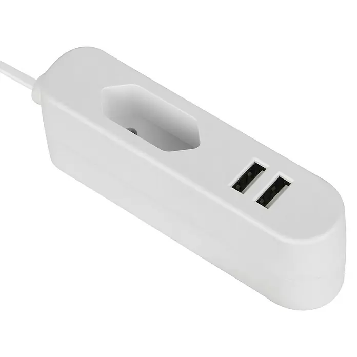 Voltomat Verlängerungskabel mit USB - 1,4 m, Weiß, H03VVH2-F - Ein weißer Stromverteiler mit zwei USB-Anschlüssen und einer Steckdose vor schwarzem Hintergrund.