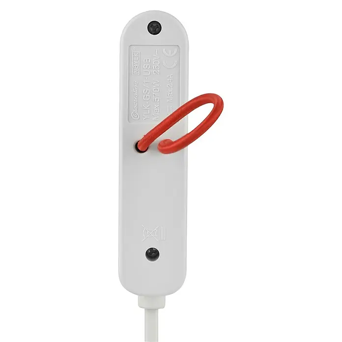 Voltomat Verlängerungskabel mit USB - 1,4 m, Weiß, H03VVH2-F - Nahaufnahme einer weißen Electraline YLK-GS/1-USB Steckdosenleiste mit roter Schlaufe und technischen Daten.