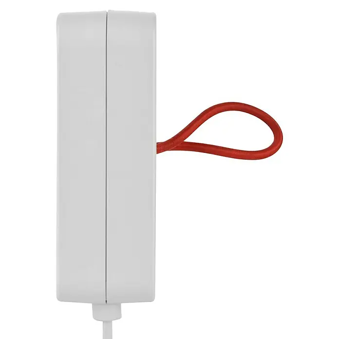 Voltomat Verlängerungskabel mit USB - 1,4 m, Weiß, H03VVH2-F - Seitenansicht eines elektronischen Geräts mit rotem Kabel. Das weiße Gehäuse und das auffällige Kabel sind gut erkennbar.