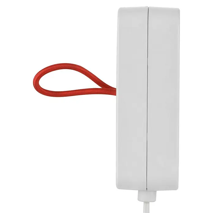Voltomat Verlängerungskabel mit USB - 1,4 m, Weiß, H03VVH2-F - Das Bild zeigt ein weißes Gerät mit einem roten Kabel. Das Kabel ist um das Gerät gewickelt und das Gerät ist auf einem schwarzen Hintergrund.