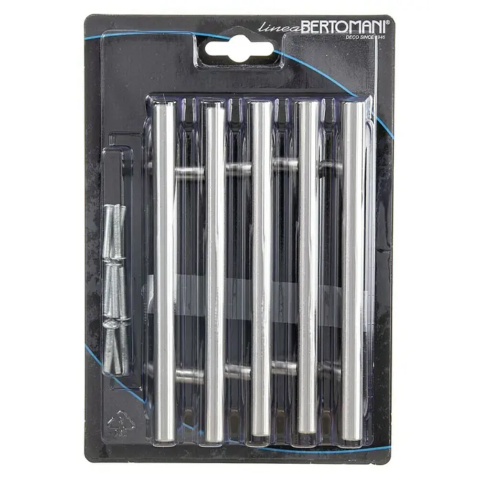 Tirador para muebles - Largo: 96 mm, Acero inoxidable - Embalaje con tiradores de barra Linea Bertomani y tornillos de montaje. Los tiradores son de metal y presentan un diseño moderno y elegante.