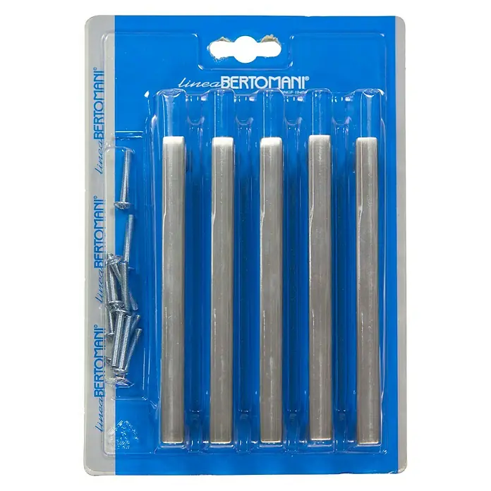 Tirador para muebles Cuadrado - Largo: 128 mm, Acero inoxidable - Un conjunto de tiradores de armario metálicos Linea Bertomani en un paquete azul, junto con los tornillos incluidos.