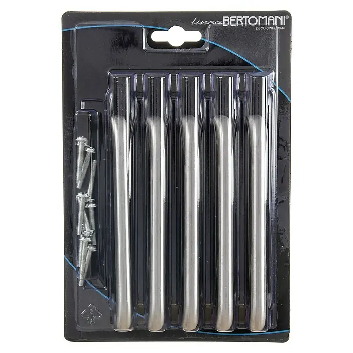 Tirador para muebles - Largo: 128 mm, Acero inoxidable - Un paquete de cinco tiradores de barra Bertomani plateados y los tornillos asociados para muebles o cajones.