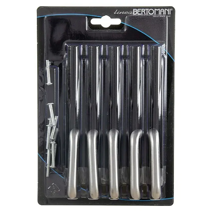 Tirador para muebles Redondeado - Largo: 64 mm, Acero inoxidable - Embalaje con varios tiradores para muebles de níquel cepillado Linea Bertomani y tornillos para el montaje.