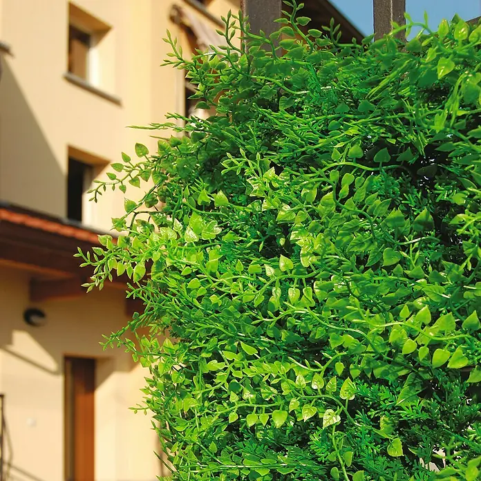 Jardín vertical Helecho - Plástico, L x An: 100 x 50 cm - Una imagen detallada de una exuberante vegetación artificial unida a una valla, aportando un toque de naturaleza a los espacios exteriores.