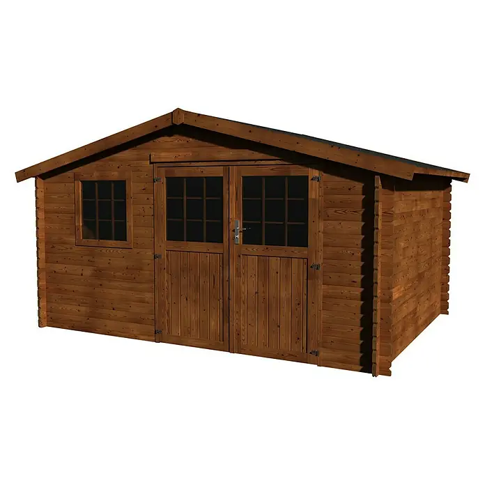 Décor et Jardin Caseta de jardín Vallauris - Medidas ext. (An x Pr): 414 x 403 cm, Espesor de pared: 34 mm, Marrón - Una caseta de jardín de madera con puerta doble y ventana, ideal para guardar herramientas de jardín y como taller.