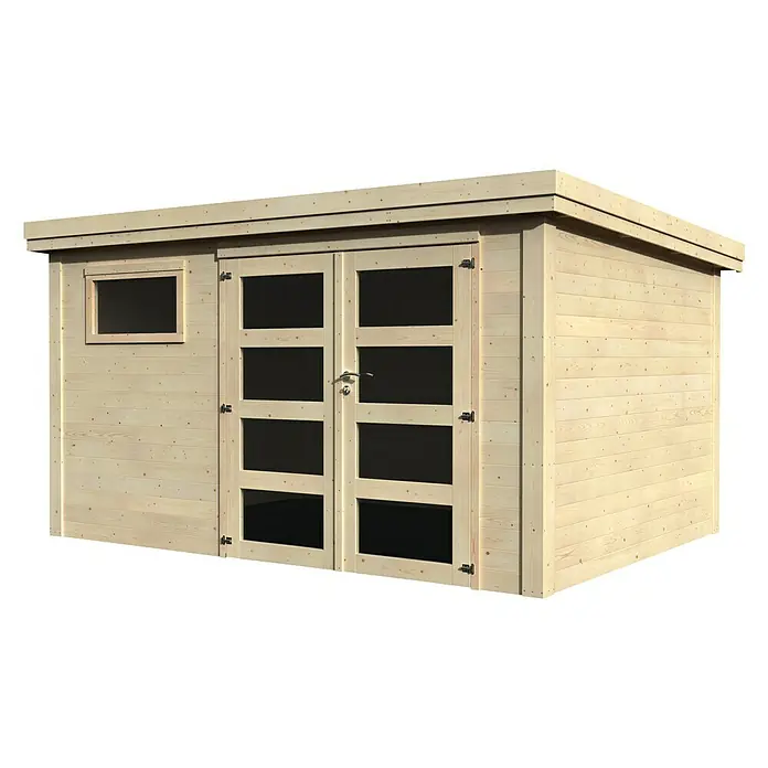 Décor et Jardin Caseta de jardín Paolo - Medidas ext. (An x Pr): 419 x 302 cm, Espesor de pared: 28 mm, Natural - Imagen de una caseta de madera con ventanas y una puerta doble. Ideal para guardar herramientas de jardinería.