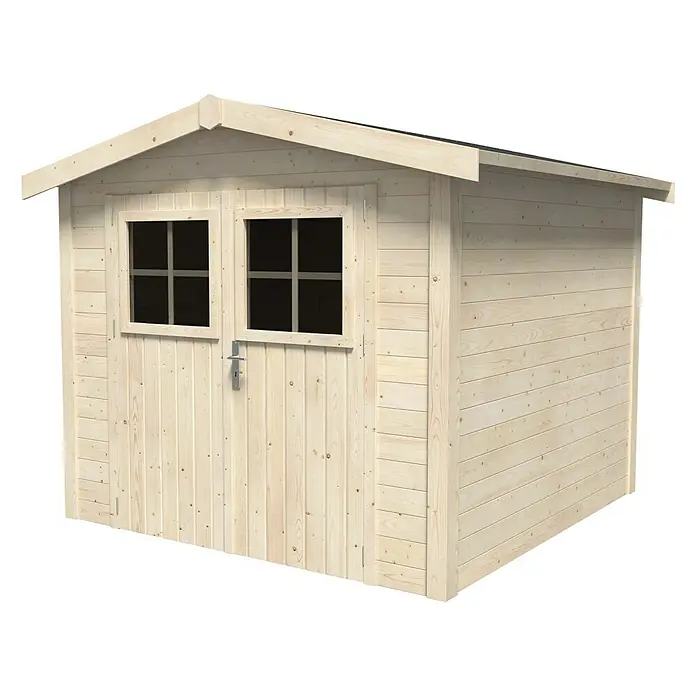 Décor et Jardin Caseta de jardín Mano - Medidas ext. (An x Pr): 263 x 250 cm, Espesor de pared: 19 mm, Natural - Imagen de una caseta de jardín de madera clara con puertas dobles y ventanas.