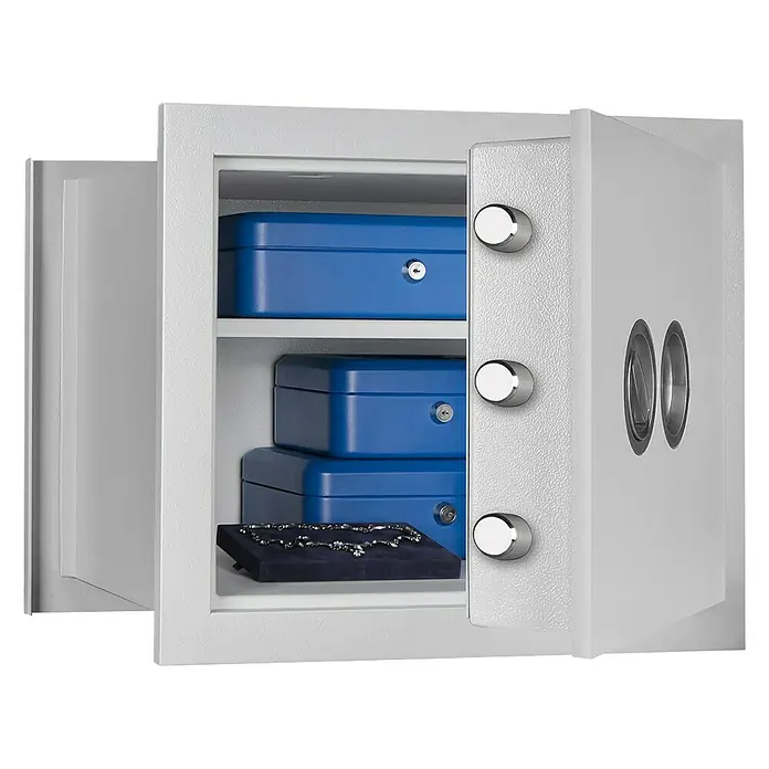 Format Wandtresor Wega 30-380 - 383 x 490 x 430 mm, Doppelbart-Hochsicherheitsschloss - Offener Tresor mit drei blauen Boxen und Schmuck. Sichere Aufbewahrung wichtiger Gegenstände im Tresor.