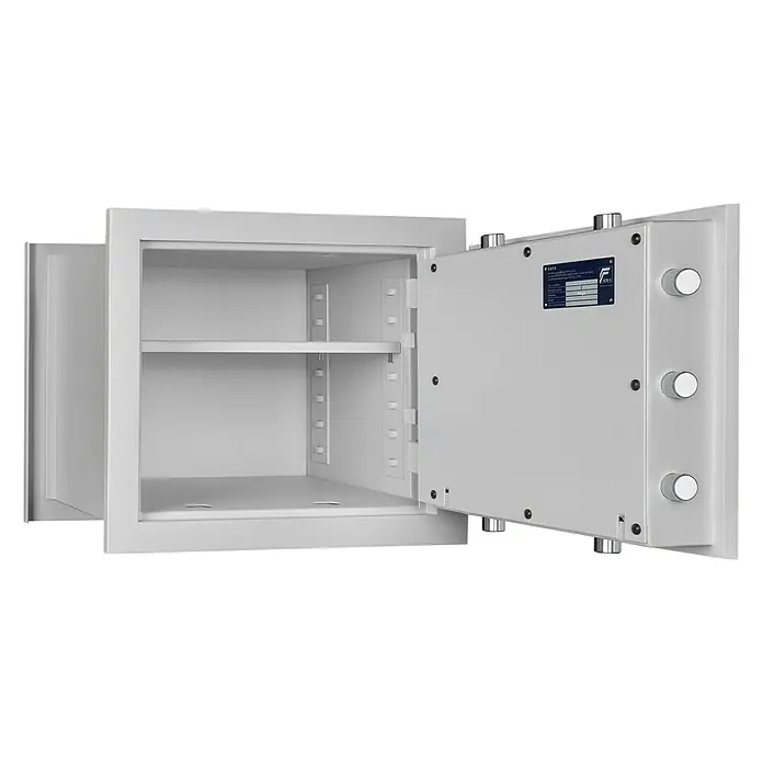 Format Wandtresor Wega 30-380 - 383 x 490 x 430 mm, Doppelbart-Hochsicherheitsschloss - Dieser Tresor in geöffnetem Zustand zeigt sein Innenleben mit Ablageflächen. Sicher, robust und ideal für Wertsachen.