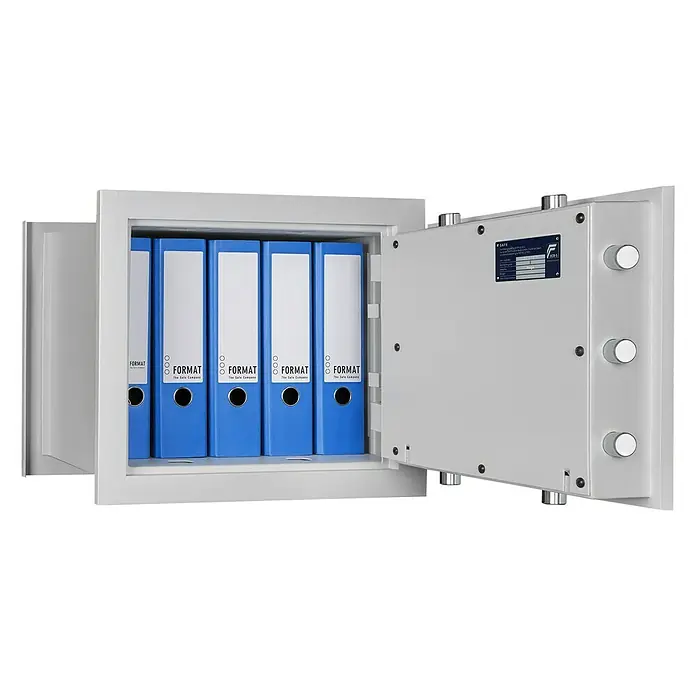 Format Wandtresor Wega 30-380 - 383 x 490 x 430 mm, Doppelbart-Hochsicherheitsschloss - Ein Tresor mit geöffneter Tür, gefüllt mit blauen Aktenordnern. Die Ordner sind mit weißen Etiketten versehen.