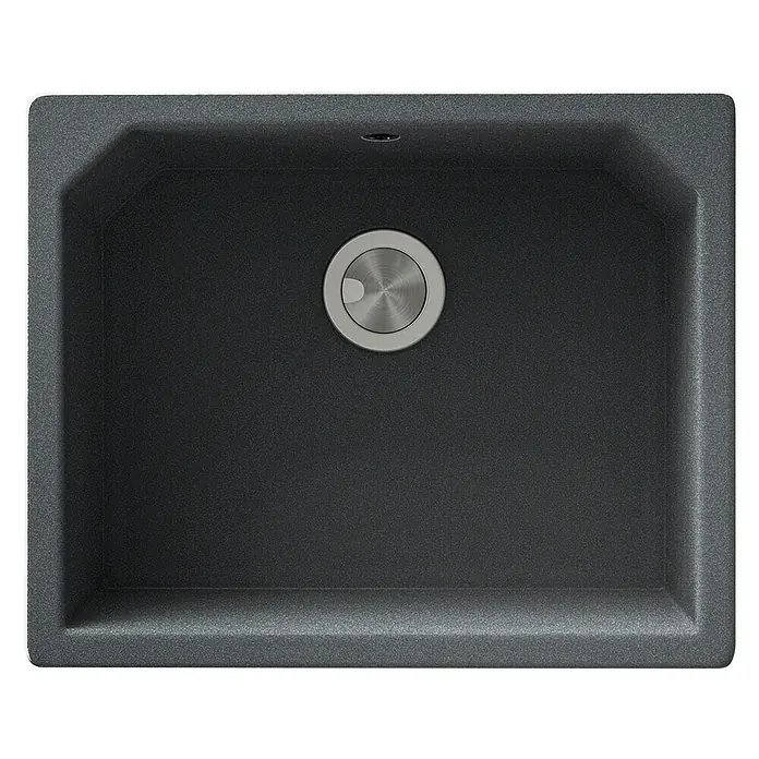 Atron Fregadero encastrable Magma - 48,5 x 59,5 cm, Material compuesto, Gris, Brillante - Un fregadero de cocina moderno, cuadrado, en color antracita, con un desagüe redondo situado en el centro. Ideal para cocinas elegantes.
