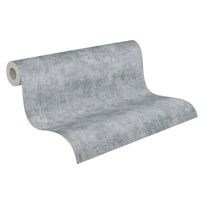 A.S. Création Blooming Vliestapete Betonoptik - Grau, Uni, 10,05 x 0,53 m - Nahaufnahme einer Rolle grauer Vliestapete mit strukturierter Oberfläche. Perfekt für moderne Wohnräume und stilvolle Akzente.