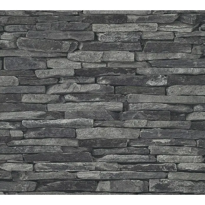 A.S. Création Elements Vliestapete Bruchsteinmauer - Grau/Schwarz, Steinoptik, 10,05 x 0,53 m - Nahaufnahme einer grauen Steinmauer, die eine rustikale und natürliche Textur für Innen- und Außendesign bietet.