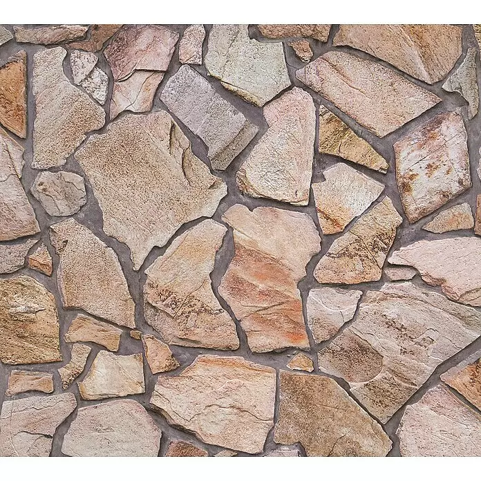 A.S. Création Elements Vliestapete Bruchstein - Beige/Braun/Grau, Steinoptik, 10,05 x 0,53 m - Strukturierte Wand aus unregelmäßigen hellen Steinen und dunkelgrauem Mörtel.