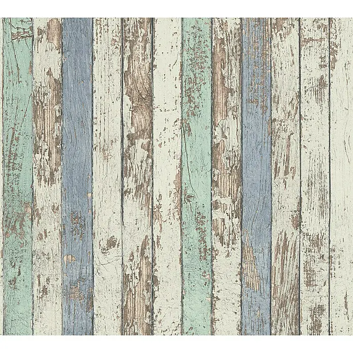 A.S. Création Elements Vliestapete Used Look - Weiß/Blau/Braun, Holzoptik, 10,05 x 0,53 m - Dekorative Holzpaneel-Tapete mit verschiedenen Farben und Abnutzungseffekten, die eine rustikale und Vintage-Atmosphäre schaffen.