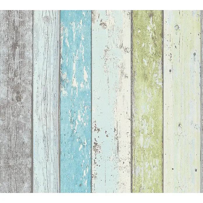 A.S. Création Elements Vliestapete - Blau/Grün, Holzoptik, 10,05 x 0,53 m - Bunte Holzpaneele: Wandverkleidung mit verschiedenen Farben und Holzstrukturen, ideal für ein rustikales oder maritimes Design.