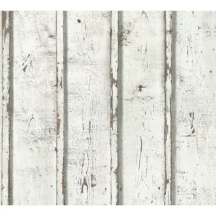 A.S. Création Elements Vliestapete Used-Look - Creme/Weiß/Grau, Holzoptik, 10,05 x 0,53 m - Weiße, verwitterte Holzplanken mit abblätternder Farbe und rustikaler Textur.